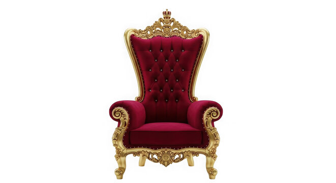 3d ornate royal throne chair with red velvet and gold accents isolated on transparent background