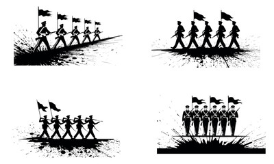 Obraz premium Silhouette of soldiers marching with flags in patriotic military formation scene