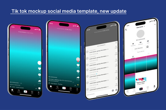 Tiktok. Tik tok mobile App interface template. Tiktok mockup social media template. mobile app interface template on social network. Tiktok Home, User, activity template.