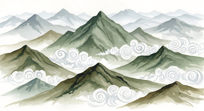 watercolor mountain range landscape with misty clouds