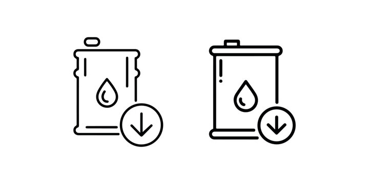 Oil barrel with down arrow line icon set. petroleum price fall, oil cost reduction, fuel decline. vector illustration of gasoline decrease