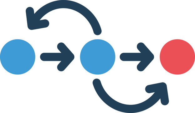 Flowchart with blue and red circles and dark blue arrows process steps sequence progression