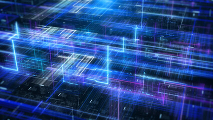 Obraz premium Technology digital glow line hologram perspective view concept. HUD UI system hologram, ai construction illustration background.