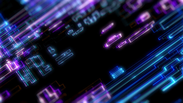 Technology digital glow line hologram big data horizontal view concept. HUD UI system, ai construction platform Illustration background