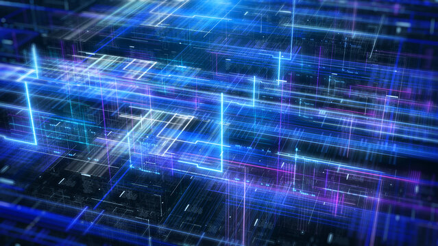 Technology digital glow line hologram perspective view concept. HUD UI system hologram, ai construction illustration background.