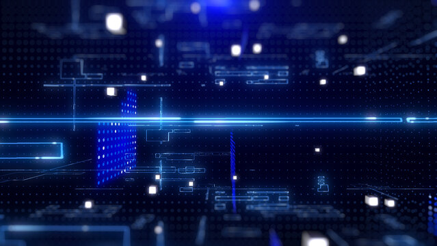 Technology digital cyberspace data storage network simulation platform. Futuristic blue 3d layer of grid, hud interface system horizontal view illustration background