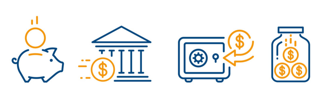 save money icons, icon set of piggy bank, bank deposits, coin jar, put money in a safe, savings finance linear editable symbols