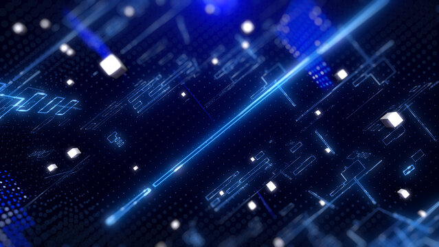 Technology digital cyberspace data storage network simulation platform. Futuristic blue 3d layer of grid, hud interface system top view illustration background