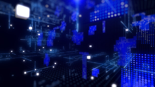 Technology digital cyberspace data storage network simulation platform. Futuristic blue 3d layer of grid, hud interface system perspective view illustration background
