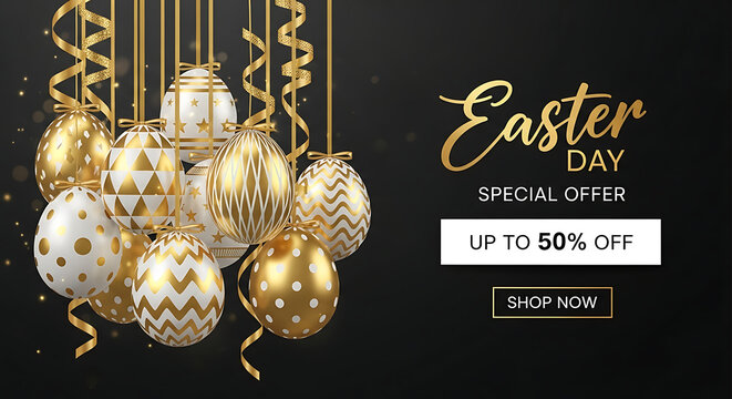 Easter day special offer banner with hanging gold and white decorated eggs