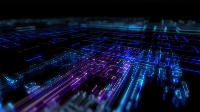 Technology digital glow line hologram big data horizontal view concept. HUD UI system, ai construction platform Illustration background