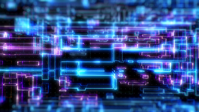 Technology digital glow line hologram big data perspective rotation view concept. HUD UI system, ai construction platform illustration background