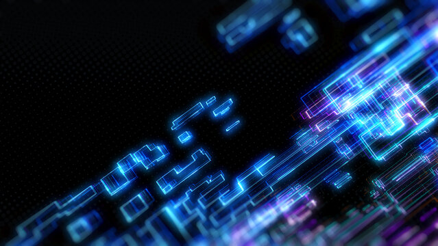 Technology digital glow line hologram big data perspective rotation view concept. HUD UI system, ai construction platform illustration background