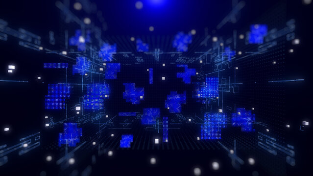 Technology digital cyberspace data storage network simulation platform. Futuristic blue 3d layer of grid, hud interface system illustration background