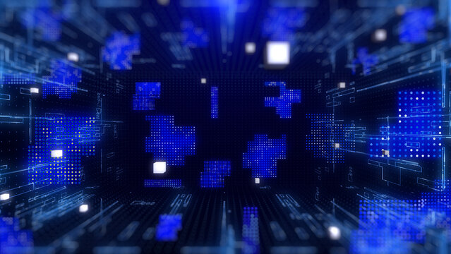 Technology digital cyberspace data storage network simulation platform. Futuristic blue 3d layer of grid, hud interface system illustration background