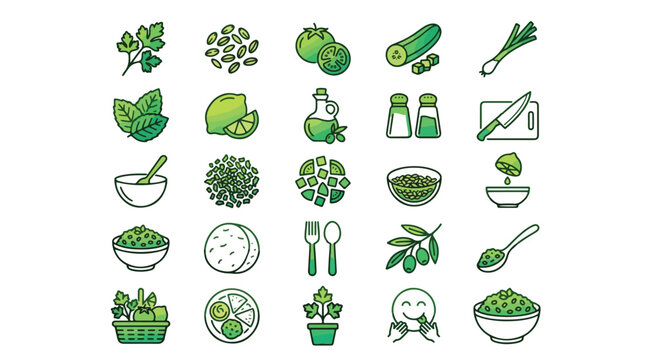 Tabbouleh Salad Ingredients Icon Set in Green Gradient Style. A collection of linear icons including parsley, mint, lemon, cucumber, tomato, bulgur, onion, bowl, olive oil