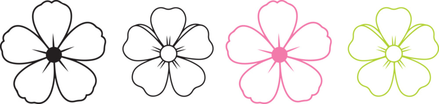 Four stylized flowers black pink and green outlines