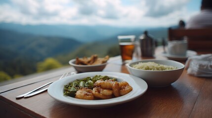 Fototapeta premium Enjoying a delicious meal with a breathtaking mountain view from an outdoor dining setting