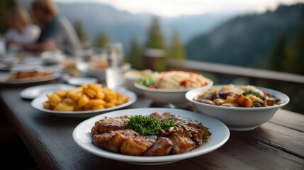 Fototapeta premium A delicious outdoor meal is served on a table overlooking a scenic mountain vista at sunset