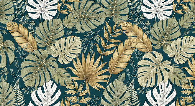 Seamless tropical jungle foliage pattern with exotic leaves and golden monkey illustration