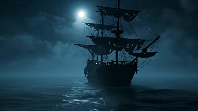 A silhouette of a ship on a dark ocean under a full moon.