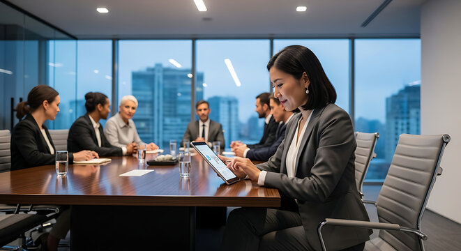 Boardroom Brilliance: A determined businesswoman, immersed in her work, leads a focused meeting within a modern office space, embodying innovation and strategy.
