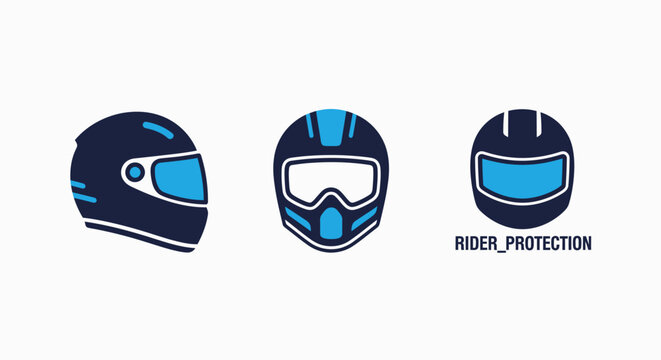 Motorcycle helmets, including full-face and open-face designs, showcasing rider protection and safety gear