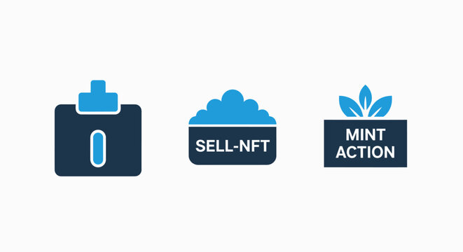 Nft icons: digital asset wallet, sell nft marketplace, and mint action, representing cryptocurrency and blockchain art, non fungible