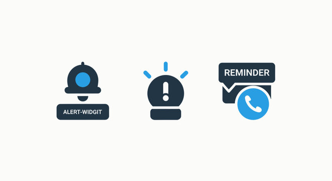 Notification icons: bell alert, exclamation mark, reminder call - communication concept
