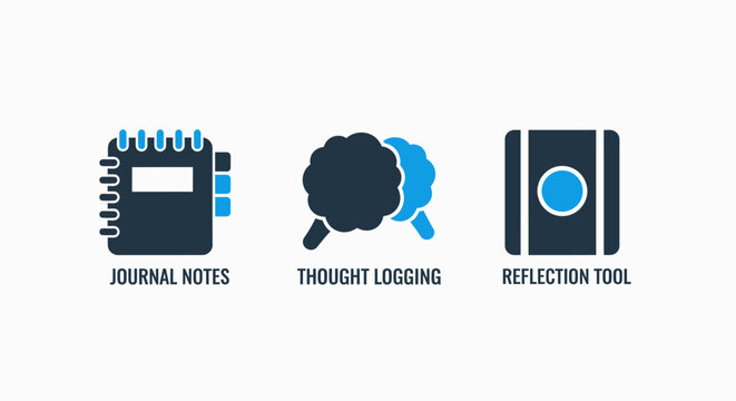 Journal notes notebook, thought logging cloud, and reflection tool icon representing personal development and mental well-being