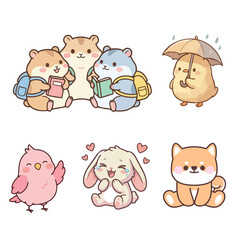 Cute Cartoon Animals with School Backpacks and Books, a Cheerful Bunny, a Fluffy Chick, a Bird, and a Shiba Inu © devina