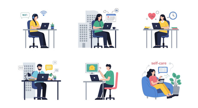 Digital Work-Life Balance: Remote Productivity, Online Communication, and Self-Care Flat Vector Illustrations for Modern Lifestyles and Business Concepts.