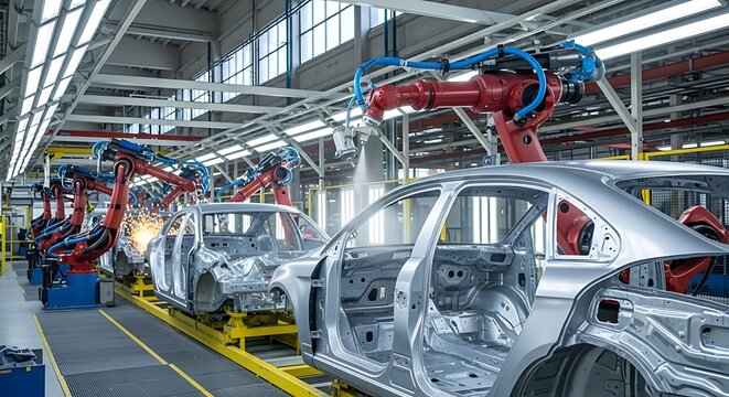 Automated robotic arms painting a silver car body on an assembly line in a modern car factory unit