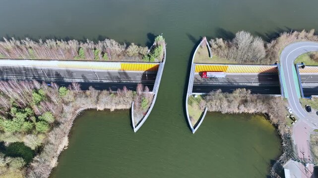 Road aqueduct crossing a waterway in Europe