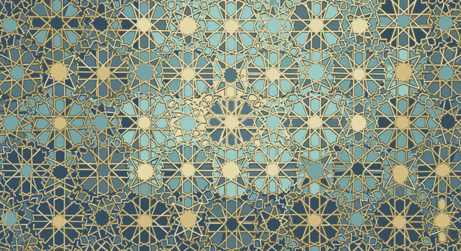 Ornate seamless geometric pattern background with intricate tessellation in teal and gold, reminiscent of Islamic and Moroccan art