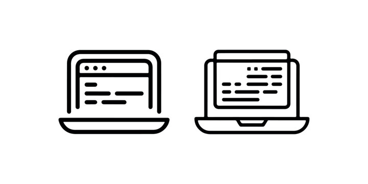 Two laptop outline icons showing screens with text and code symbols for computer programming and digital content creation