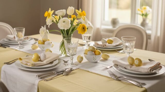 Elegant dining table setting with soft yellow and white tones featuring crystal glasses and decorative elements
