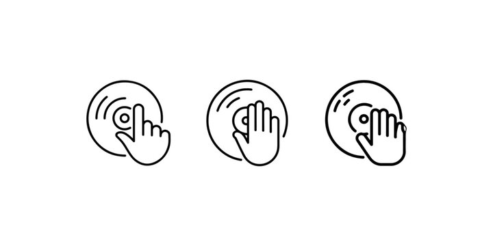 Vinyl record player turntable icon set with hand finger touch gestures for music scratching disk jockey equipment sound mixing audio technology interface