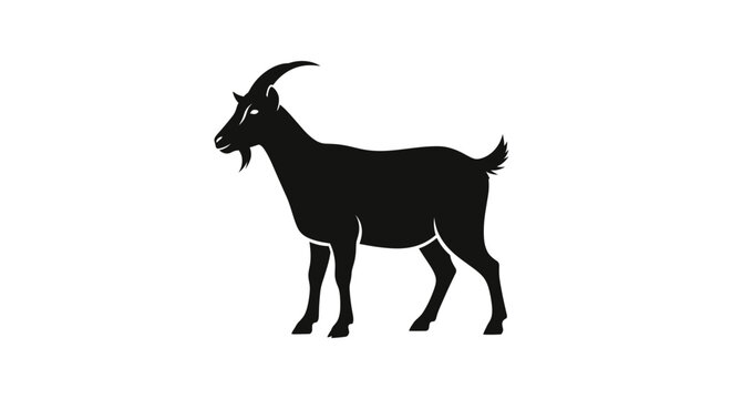 Black goat silhouette with prominent horns and beard, standing in side profile, isolated on a clean white background. Farm animal icon.