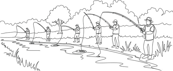 Fototapeta premium men fishing river bank line drawing