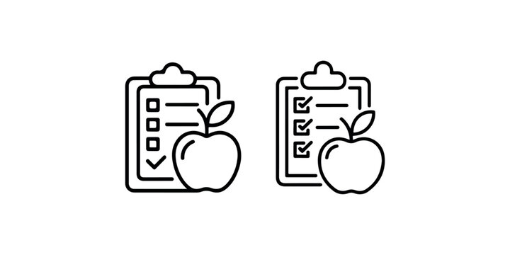 Set of two black outline icons featuring a clipboard with checklist and a fresh apple, representing diet plan or healthy eating concept