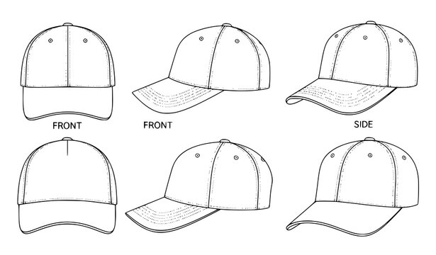Baseball cap outline vector set with top front side and perspective views minimal apparel design template isolated on white background