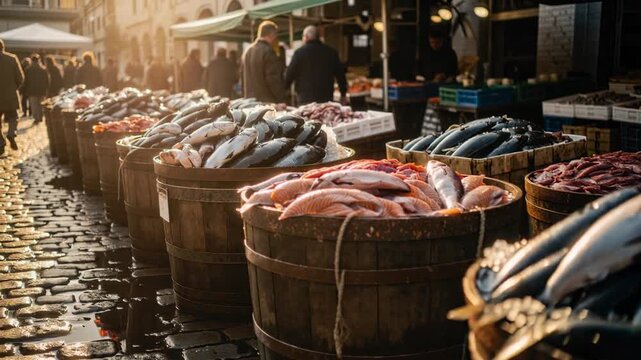 A bustling fish market at golden hour with fresh fish on ice in rustic wooden barrels vibrant seafood market scene