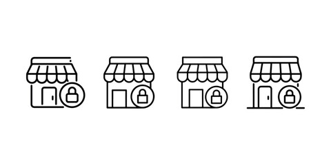 Naklejka premium Set of four line icons representing closed stores with security locks, illustrating business closure or safety measures