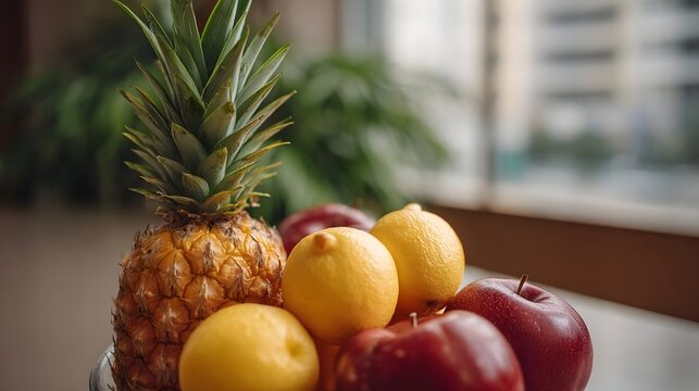A vibrant fruit bowl featuring a pine  lemons and red s presented indoors with a soft blurred urban backdrop