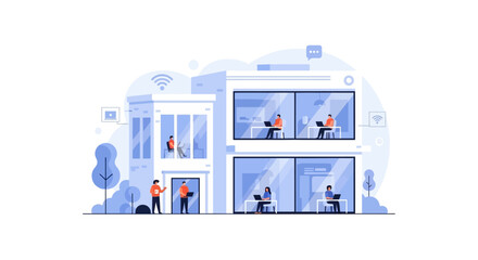 Fototapeta premium Modern Co-working Office Illustration: People Working Remotely on Laptops in a Connected Building. Flat Design for Business Productivity & Connectivity.