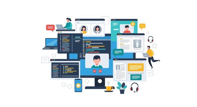 Digital Workplace Collaboration and Remote Team Communication Vector Illustration