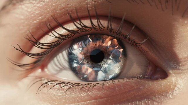 Close up of human eye with sparkling diamond iris shining with bright multifaceted colors