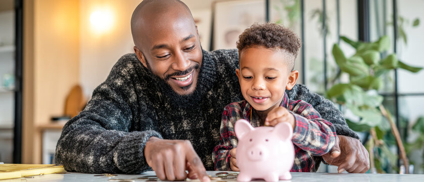 A father and son smile while saving coins together with a pink piggy bank at home.