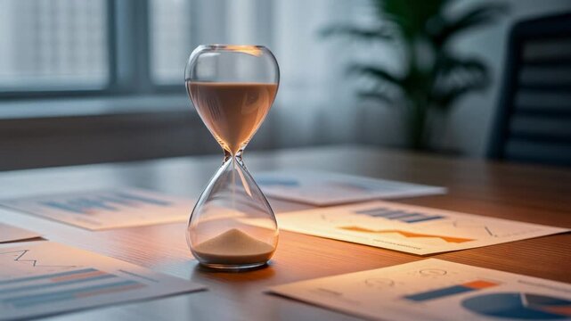 Close up of hourglass on desk with business charts and graphs showing time management and productivity